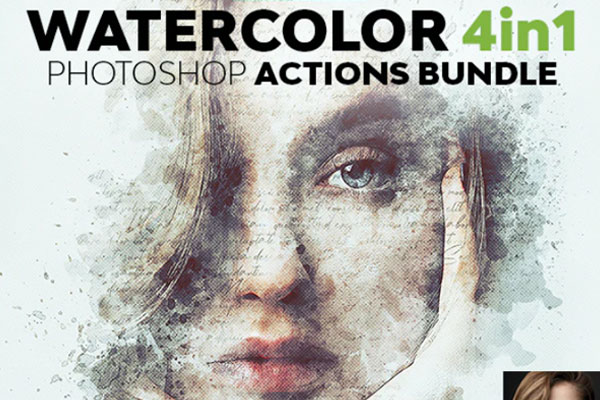 4合1水彩艺术绘画效果ps动作套装