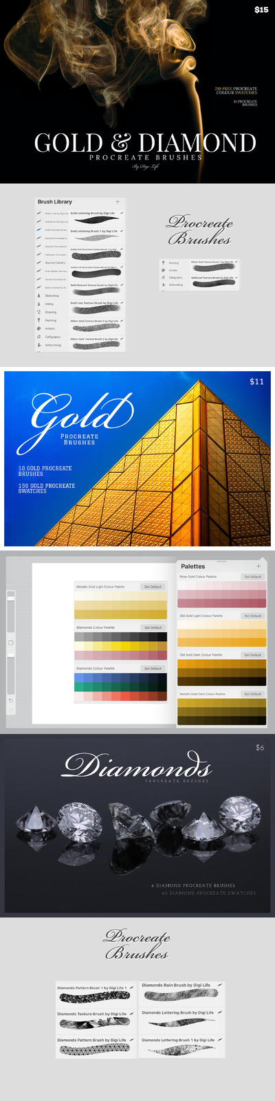 黄金&钻石纹理Procreate笔刷素材