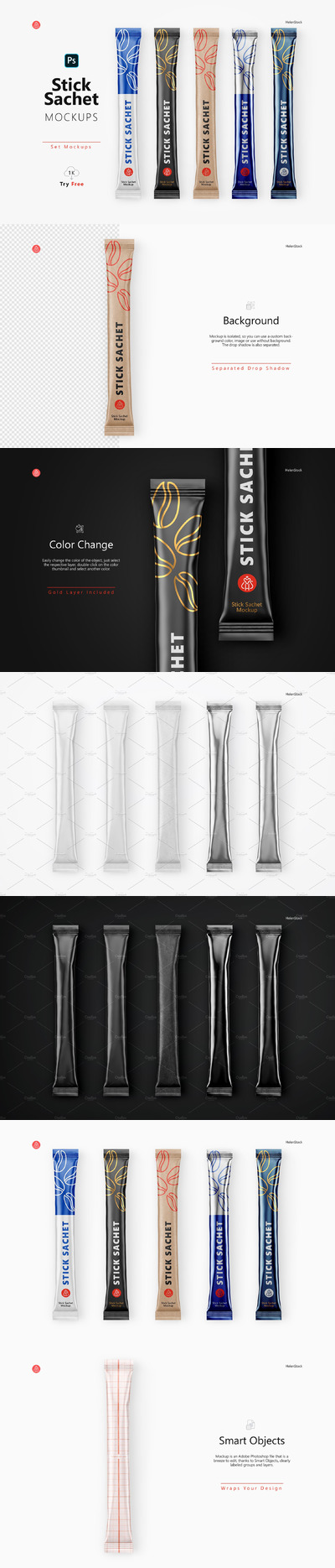 咖啡/白糖小袋食品包装顶视图样机