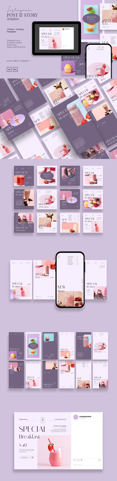 时尚高端简约清新餐饮Instagram社交媒体banner海报设计模板集合-AI，PSD