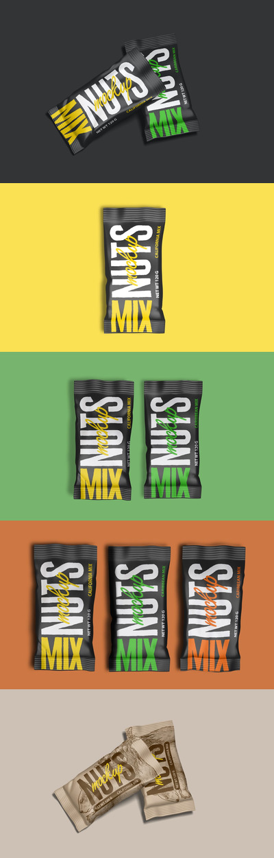 逼真质感坚果巧克力糖果小食品包装设计VI样机展示模型mockups