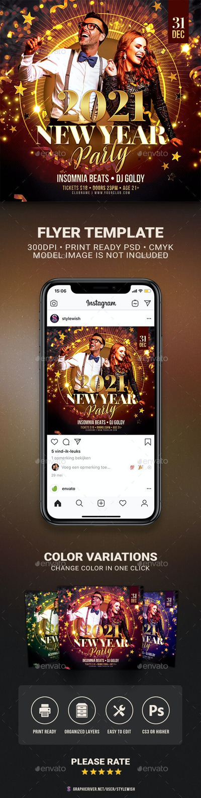 豪华金色风格2021新年派对传单海报设计模板