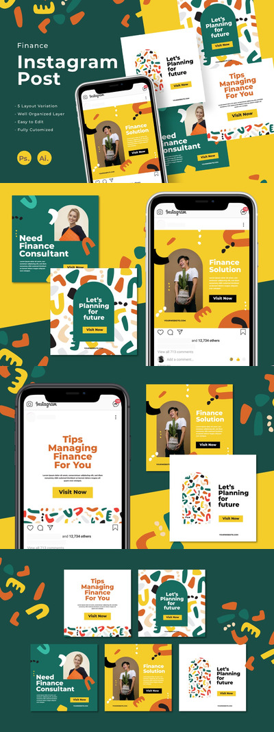 时尚高端简约清新个性新孟菲斯风格Instagram社交媒体banner海报设计模板集合-AI，PSD