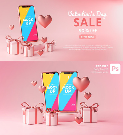 情人节3D场景含手机样机的设计展示样机（PSD）