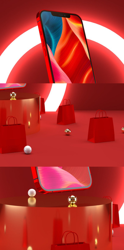iPhone 12 红色版本带酷炫场景手机样机（PSD）