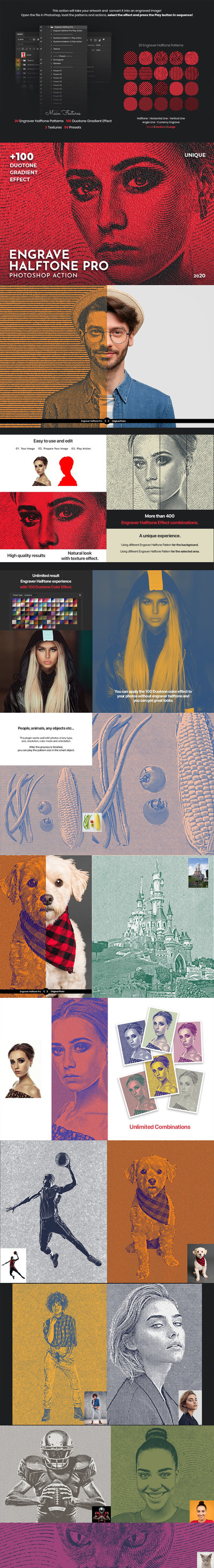 高品质的时尚高端色彩半调雕刻风格photoshop动作预设