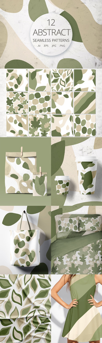 12款绿色抽象形状无缝图案背景素材