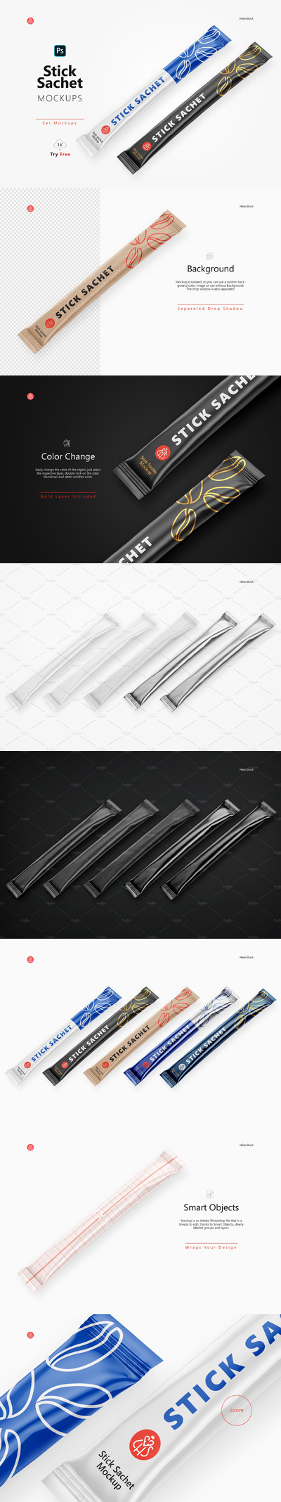 咖啡/白糖小袋食品包装设计半侧视图样机