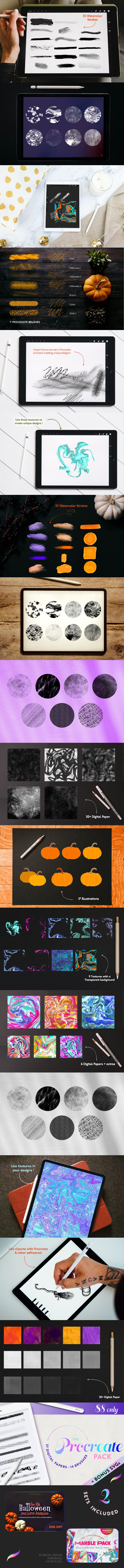 万圣节元素Procreate笔刷+大理石纹理套装