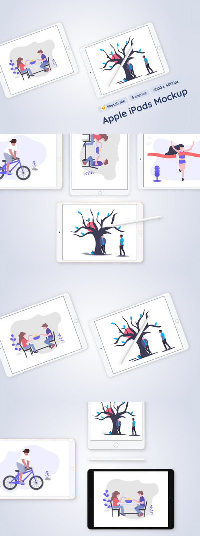 带Apple Pencil样机的Apple iPad-3个APP UI场景样机展示模型mockups