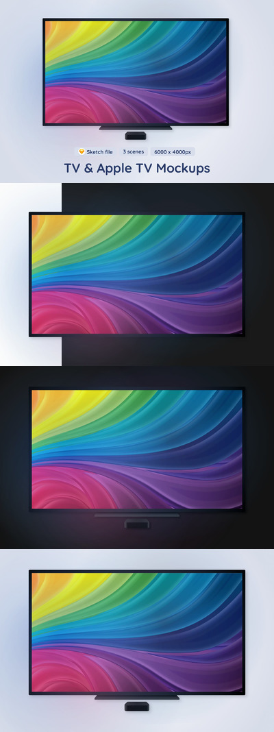 3个不同的场景电视和Apple TV UI样机展示模型mockups