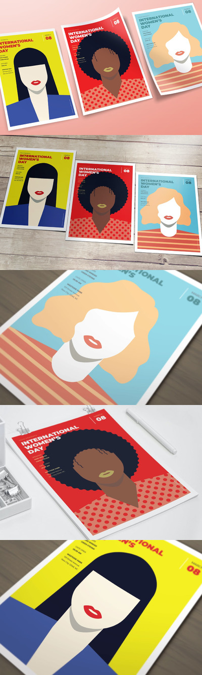 高端艺术个性三八妇女节海报宣传单矢量插画设计模板集合-AI，PSD