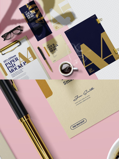 高品质的A4A5尺寸金色海报设计VI样机展示模型mockups