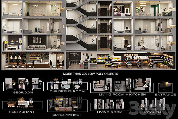 各类商店店铺和店铺元素相关的3D模型下载(OBJ)
