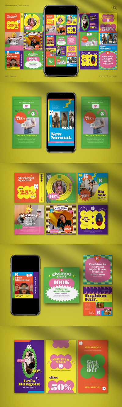 90年代复古时尚绚丽Instagram社交媒体banner海报设计模板-AI，PSD