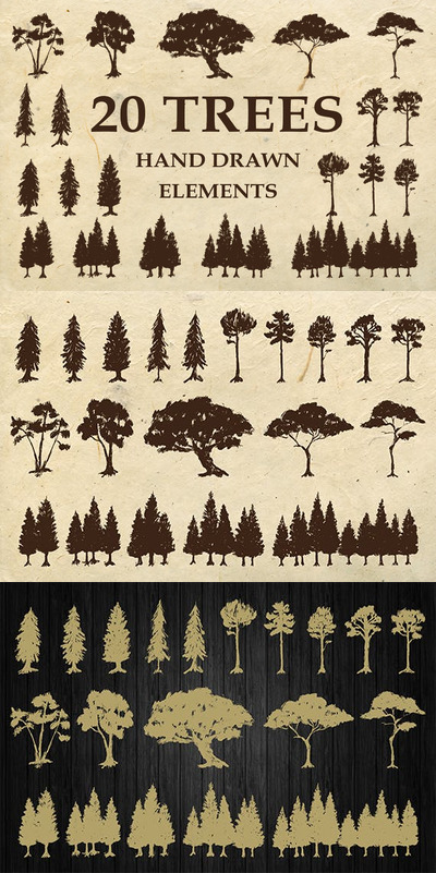 矢量手绘大树插画剪影集合
