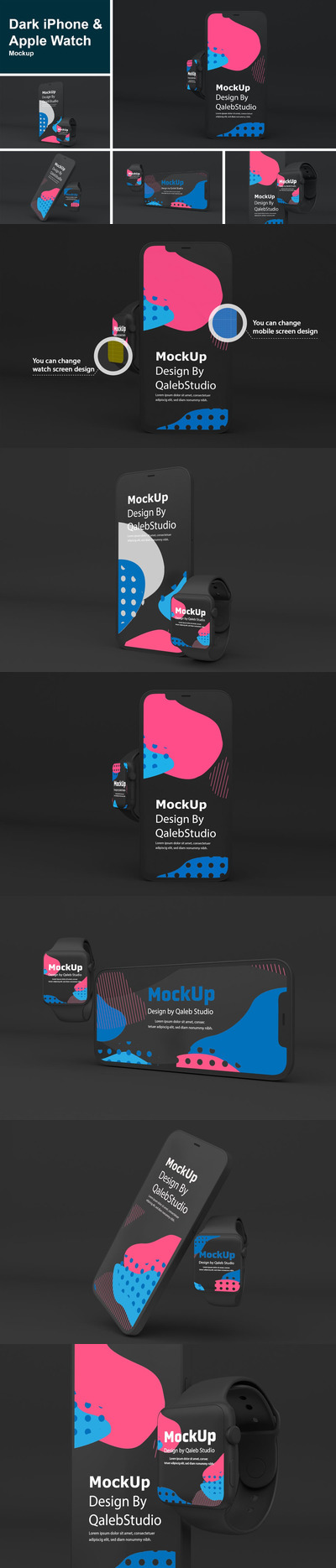 深色iPhone 12和Apple Watch APP UI样机展示模型mockups
