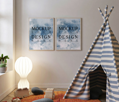 可爱的儿童游戏室海报框架样机[PSD]