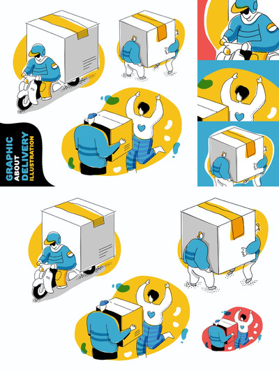 时尚清新可爱风格的抽象快递员送货服务矢量插画集合