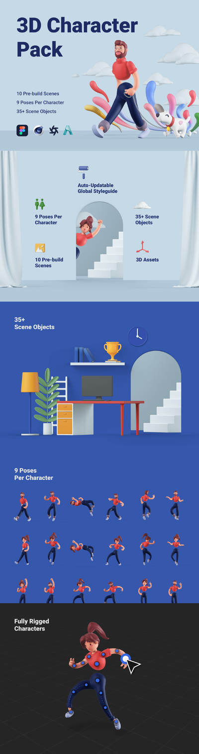 3D插画风格的卡通人物模型下载（Figma，PNG，C4D，FBX）