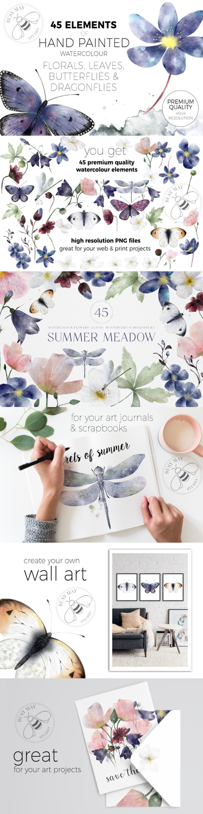 水彩手绘花朵叶子插画素材