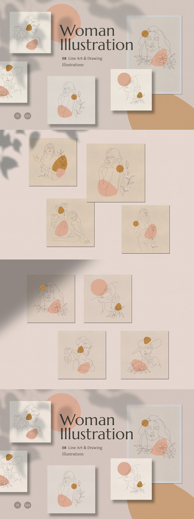 时尚高端抽象艺术风格矢量条线女人插画海报设计模板集合-AI，EPS