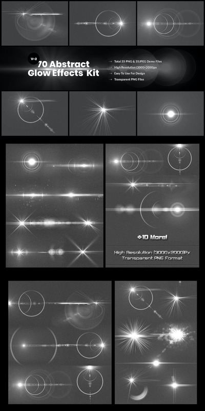 70个自定义发光效果和镜头眩光高光背景底纹纹理集合