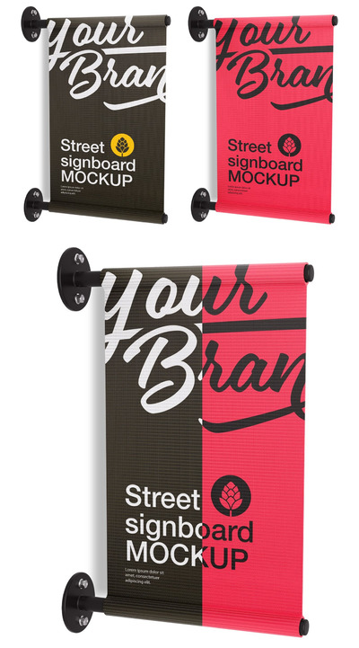 高品质的方形店铺招牌吊旗路旗设计VI样机展示模型mockups