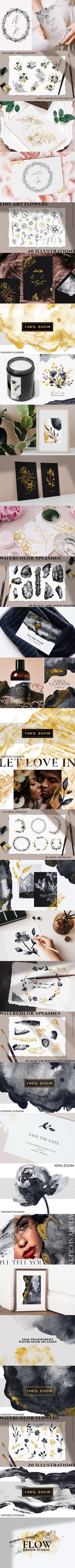 典雅的黑色&黄金水彩花卉插画套件[1.39GB]