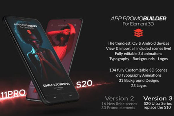 适用于Element 3D的App应用介绍/演示视频模板[2.23GB,AEP]