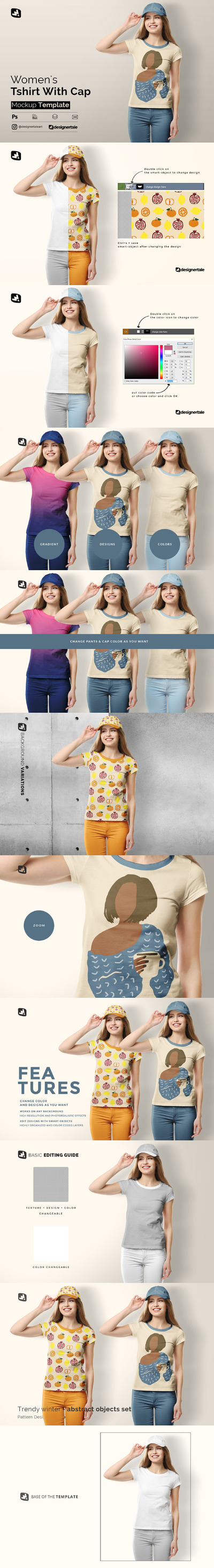 带休闲帽的女式T恤设计样机模板