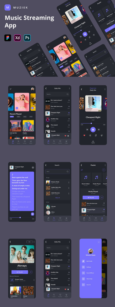 时尚高端多用途的高品质音乐APP UI KITS-FIG，PSD，XD