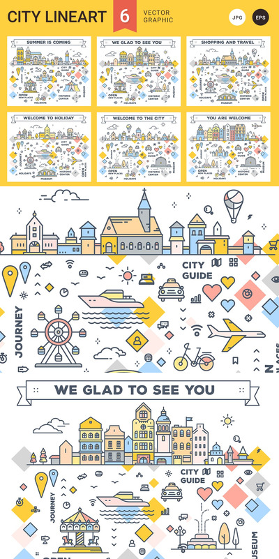 高端清新简约时尚城市线稿UI矢量插画集合