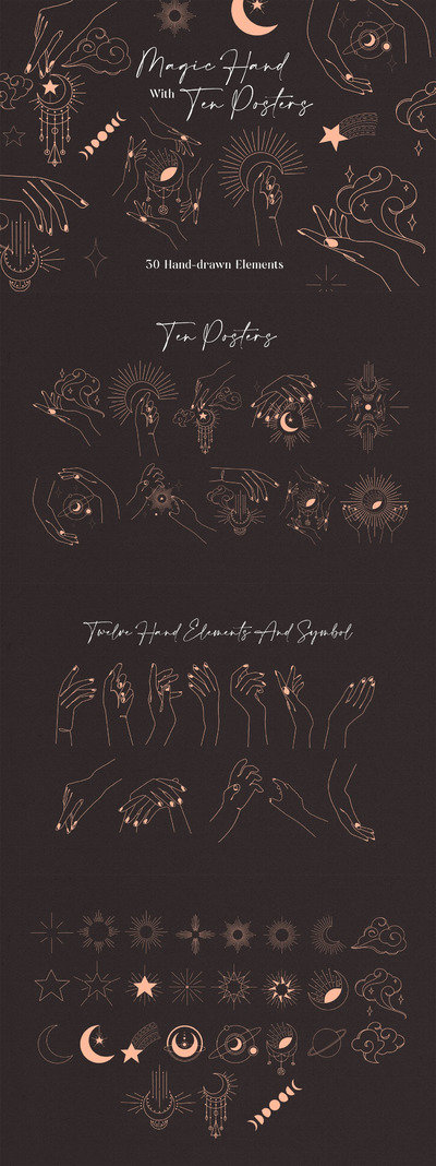 时尚高端优雅魔术手势艺术矢量插画集合-AI，SVG，PNG，EPS