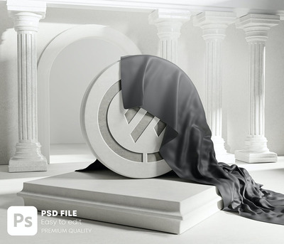 揭开黑色布套的面纱圆形徽标logo标志设计VI样机展示模型mockups