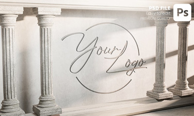 墙上古典柱子上雕刻的徽标logo标志设计VI样机展示模型mockups