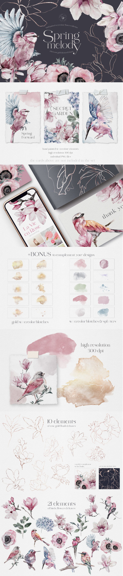 春季水彩花鸟剪贴画素材