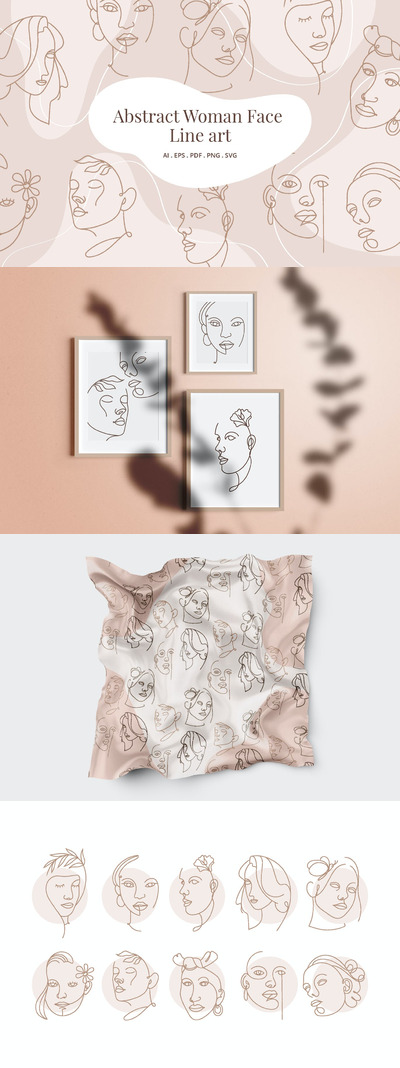 高端时尚抽象艺术风格女人脸部条线矢量插画集合-AI，EPS，PDF，PNG，SVG