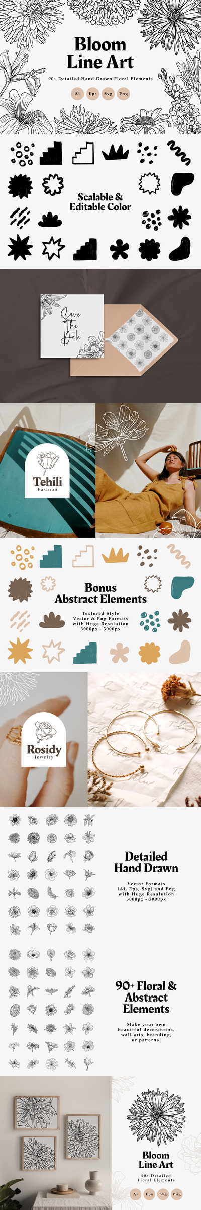 90+手绘花卉线条艺术元素素材
