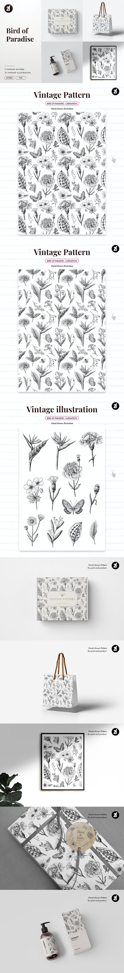 时尚高端优雅多用途的复古插画背景底纹纹理集合