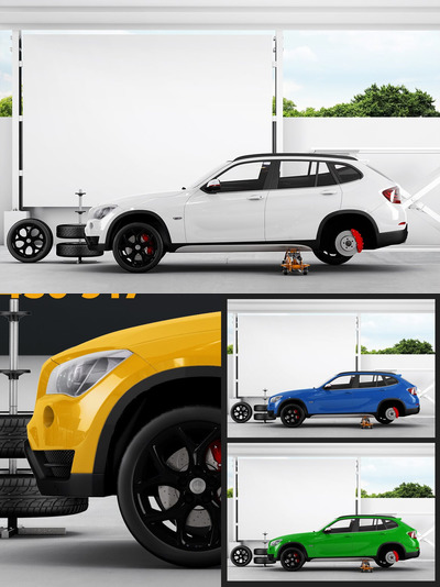 汽车模型轮胎装配处的广告牌样机（PSD）