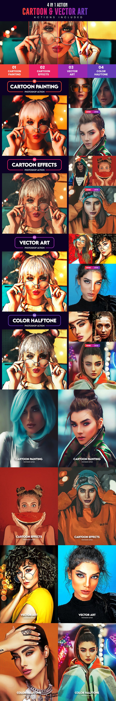 4in1高品质矢量卡通效果艺术photoshop动作预设
