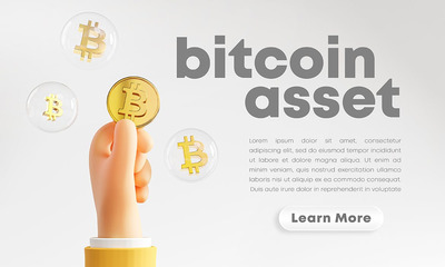 可爱的手拿着比特币泡沫着陆页网站banner插画设计模板