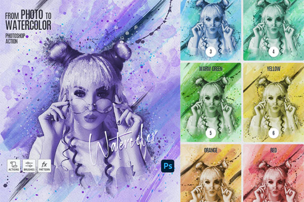 12种配色方案水彩绘画效果ps动作
