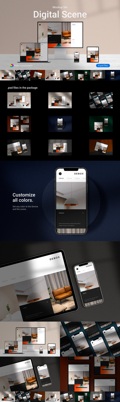 时尚高端高品质的苹果设备全家桶数字场景UI样机展示模型mockups