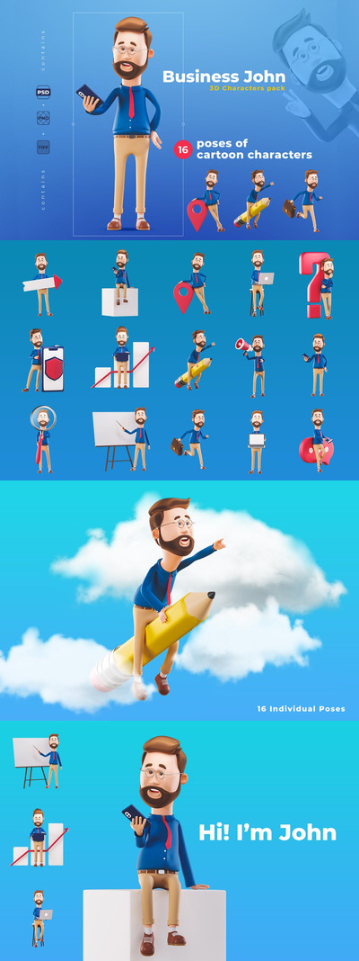 16个时尚可爱卡通3D渲染风格小人吉祥物插图插画集合