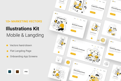 时尚简约好用的扁平化风格营销UI插画海报banner着陆页设计模板集合-AI，EPS，PNG，PSD，SVG