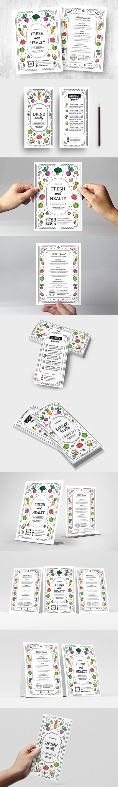 时尚高端简约清新可爱风格素食菜单菜谱海报设计模板-AI，PSD