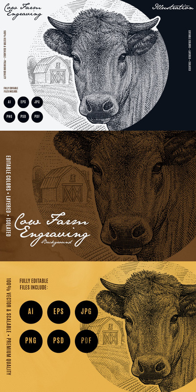 时尚高端雕刻风格矢量牛年农场插画-AI，EPS，JPG，PDF，PNG，PSD
