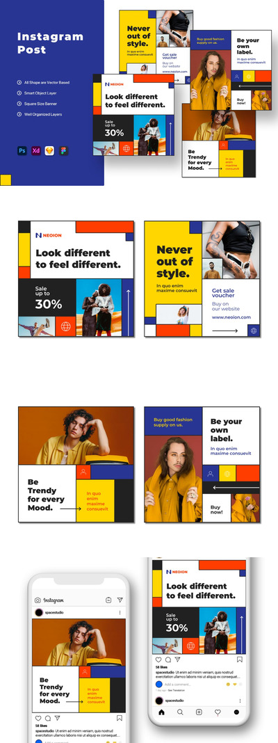 高端时尚包豪斯配色风格的Instagram社交媒体banner海报设计模板集合-FIG, PSD, SKETCH, XD